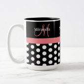 Zwart Wit Roze Monogram Polka Punt Tweekleurige Koffiemok (Links)
