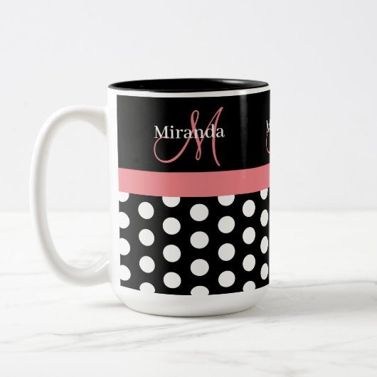 Zwart Wit Roze Monogram Polka Punt Tweekleurige Koffiemok (Links)