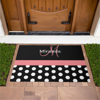 Zwart Wit Roze Monogram Script Polka Deurmat