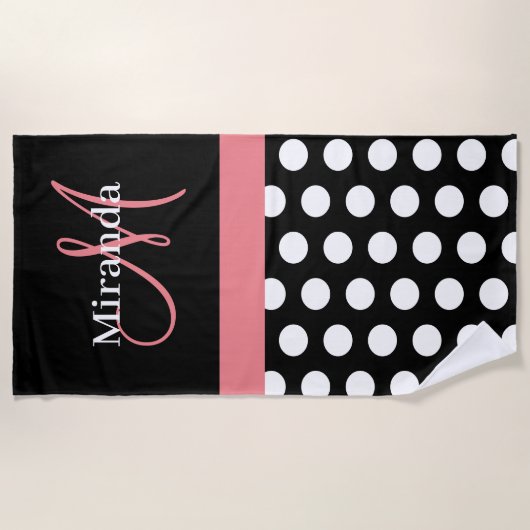Zwart Wit Roze Monogram Script Polka Dot Beach T Strandlaken (Voorkant)