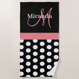 Zwart Wit Roze Monogram Script Polka Dot Beach T Strandlaken