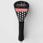 Zwart Wit Roze Monogram Script Polka Dot Golf He Golfheadcover (Voorkant)