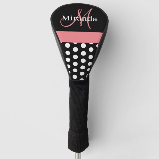 Zwart Wit Roze Monogram Script Polka Dot Golf He Golfheadcover (Voorkant)