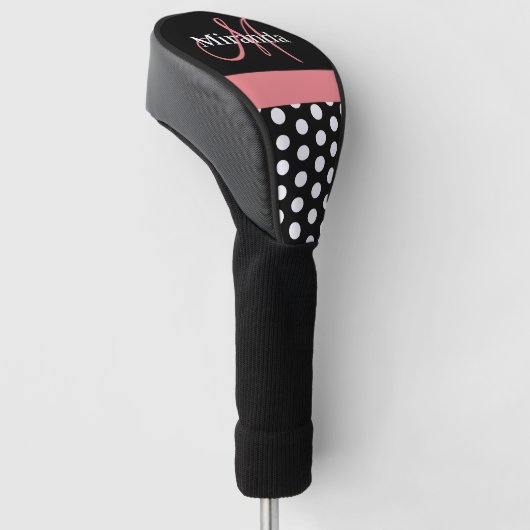 Zwart Wit Roze Monogram Script Polka Dot Golf He Golfheadcover (Schuin)