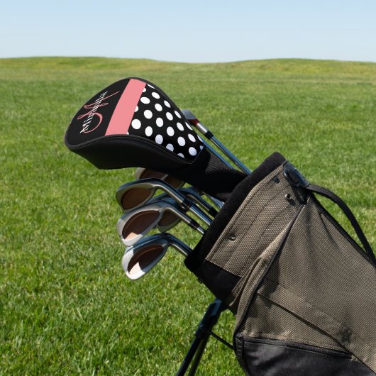 Zwart Wit Roze Monogram Script Polka Dot Golf He Golfheadcover (Insitu)