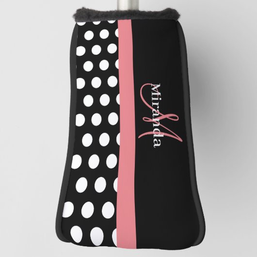 Zwart Wit Roze Monogram Script Polka Dot Golfheadcover (Draai 90)