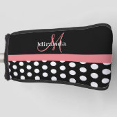 Zwart Wit Roze Monogram Script Polka Dot Golfheadcover (Voorkant)