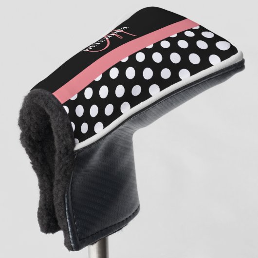 Zwart Wit Roze Monogram Script Polka Dot Golfheadcover (3/4 voorkant)