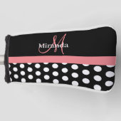 Zwart Wit Roze Monogram Script Polka Dot Golfheadcover (Voorkant)