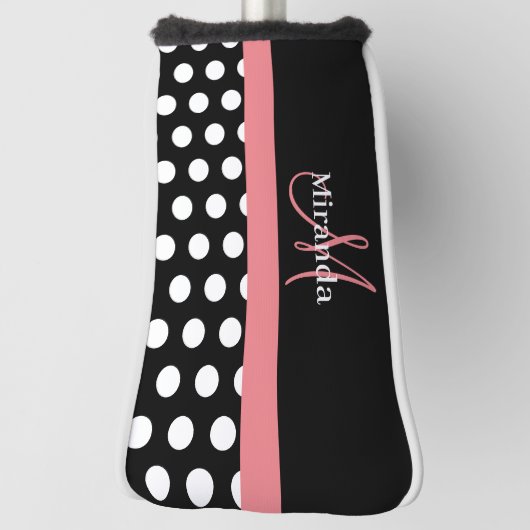 Zwart Wit Roze Monogram Script Polka Dot Golfheadcover (Draai 90)
