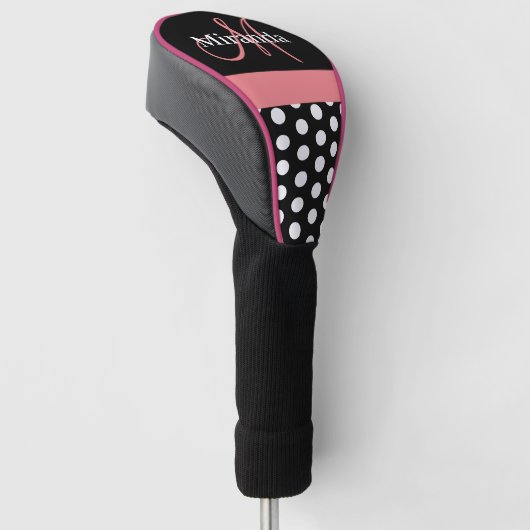 Zwart Wit Roze Monogram Script Polka Dot Golfheadcover (Schuin)