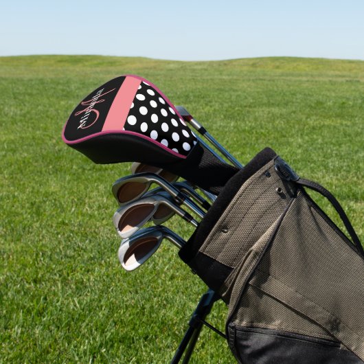 Zwart Wit Roze Monogram Script Polka Dot Golfheadcover (Insitu)