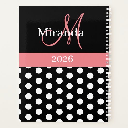 Zwart Wit Roze Monogram Script Polka Dot Planner (Achterkant)