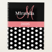 Zwart Wit Roze Monogram Script Polka Dot Planner (Voorkant)