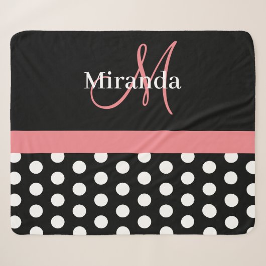 Zwart Wit Roze Monogram Script Polka Dot Sherpa Deken (Voorkant (horizontaal))