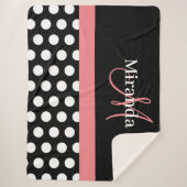 Zwart Wit Roze Monogram Script Polka Dot Sherpa Deken (Voorkant)