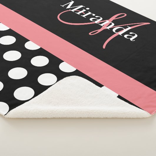 Zwart Wit Roze Monogram Script Polka Dot Sherpa Deken (3/4)