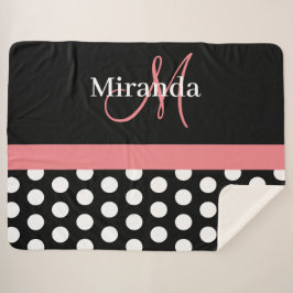 Zwart Wit Roze Monogram Script Polka Dot Sherpa Deken