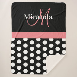 Zwart Wit Roze Monogram Script Polka Dot Sherpa Deken