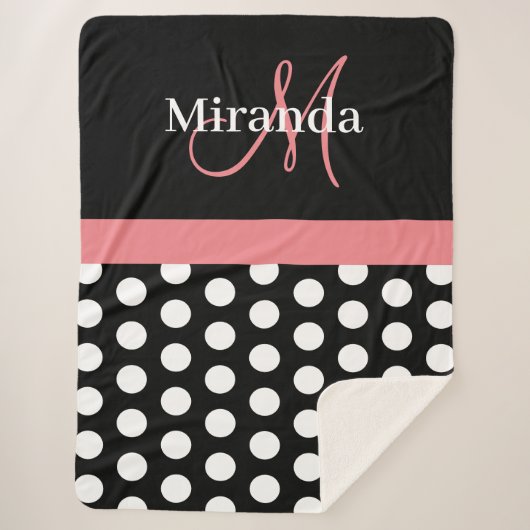 Zwart Wit Roze Monogram Script Polka Dot Sherpa Deken (Voorkant)