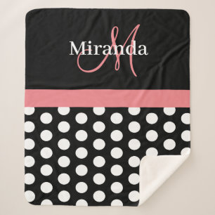 Zwart wit roze monogram Script Polka Dot Sherpa Deken