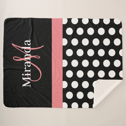 Zwart Wit Roze Monogram Script Polka Dot Sherpa Sherpa Deken (Voorkant (horizontaal))