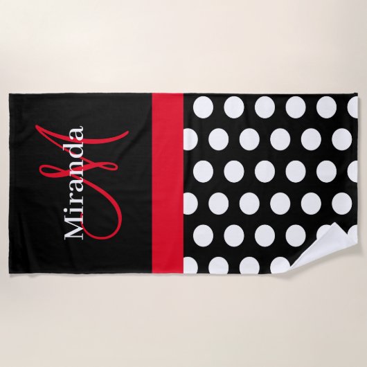 Zwart Wit Roze Monogram Script Polka Dot Strandlaken (Voorkant)