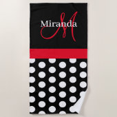 Zwart Wit Roze Monogram Script Polka Dot Strandlaken (Voorkant)