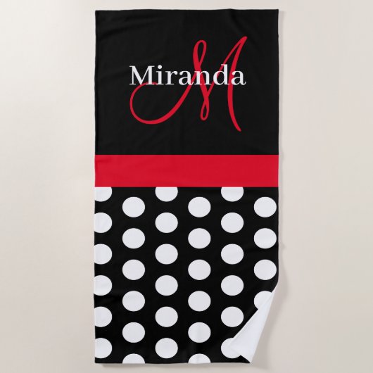 Zwart Wit Roze Monogram Script Polka Dot Strandlaken (Voorkant)