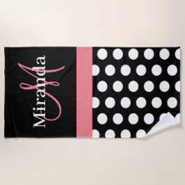 Zwart Wit Roze Monogram Script Polka Dot Strandlaken