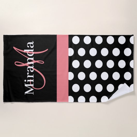 Zwart Wit Roze Monogram Script Polka Dot Strandlaken (Voorkant)