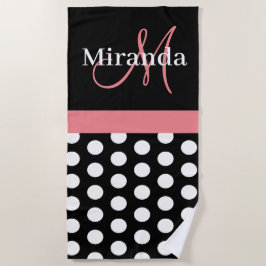 Zwart Wit Roze Monogram Script Polka Dot Strandlaken