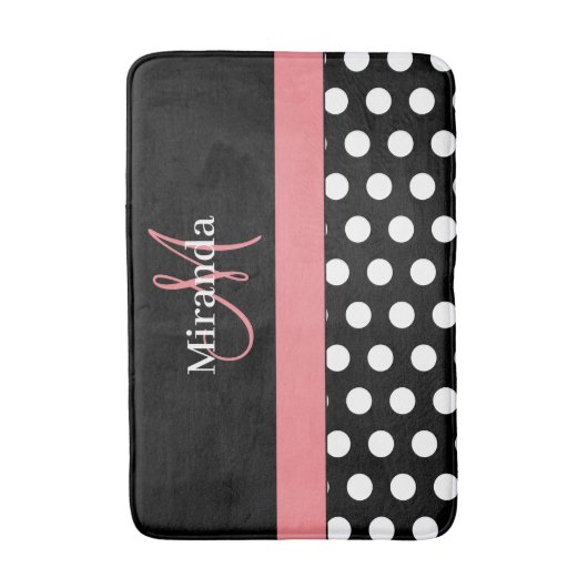 Zwart Wit Roze Monogram Script Polka Dots Bad M Badmat (Voorkant Verticaal)