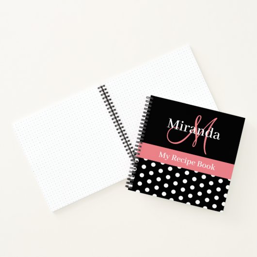 Zwart Wit Roze Monogram Script Polka Dots Recept Notitieboek (Binnen)