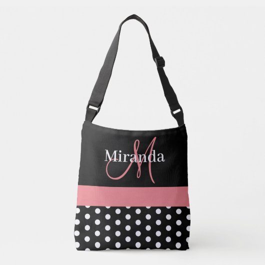 Zwart Wit Roze Monogram Script Polka Dots Tas B (Voorkant)