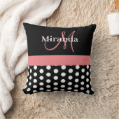 Zwart Wit Roze Monogram Script Polka Dots Throw Kussen (Deken)