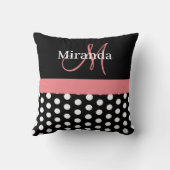 Zwart Wit Roze Monogram Script Polka Dots Throw Kussen (Achterkant)