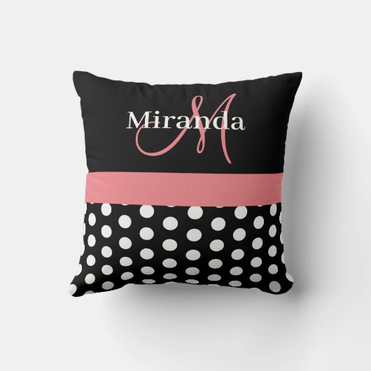 Zwart Wit Roze Monogram Script Polka Dots Throw Kussen (Achterkant)