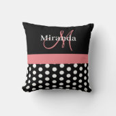 Zwart Wit Roze Monogram Script Polka Dots Throw Kussen (Voorkant)