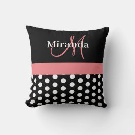 Zwart Wit Roze Monogram Script Polka Dots Throw Kussen