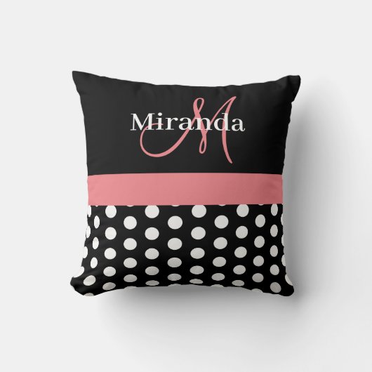 Zwart Wit Roze Monogram Script Polka Dots Throw Kussen (Voorkant)