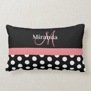 Zwart Wit Roze Monogram Script Polka Kussen