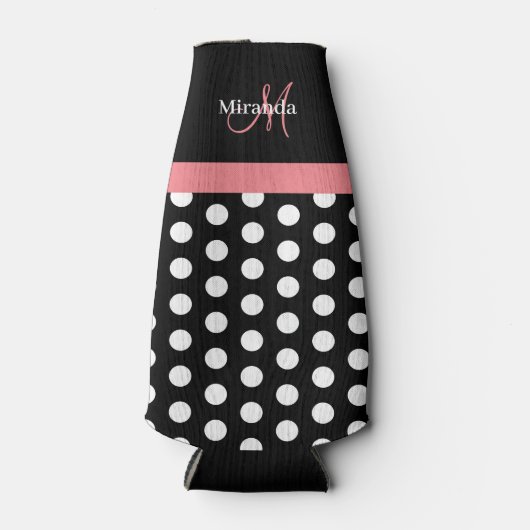 Zwart-wit roze monogram script poolpunten flesjeskoeler (Voorkant)