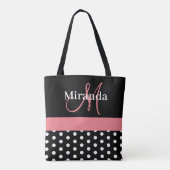 Zwart-wit roze monogram script poolpunten tote bag (Achterkant)