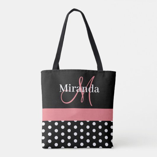 Zwart-wit roze monogram script poolpunten tote bag (Achterkant)