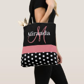 Zwart-wit roze monogram script poolpunten tote bag (Dichtbij)