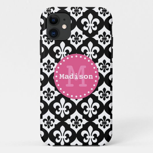 Zwart wit roze monogram van het florde-de-lispatro Case-Mate iPhone case (Achterkant)