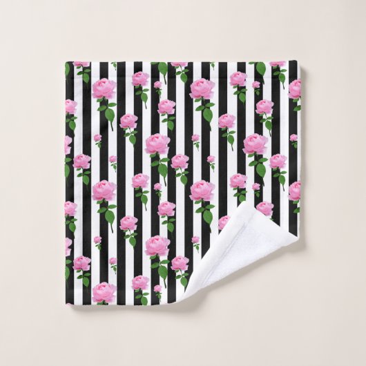 Zwart Wit Roze Roze Bloem Strepen Lijnen Bad Handdoek (Wasdoekje)