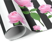 Zwart Wit Roze Roze Bloem Strepen Lijnen Cadeaupapier (Rol Hoek)