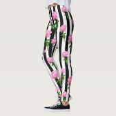 Zwart Wit Roze Roze Bloem Strepen Lijnen Leggings (Links)